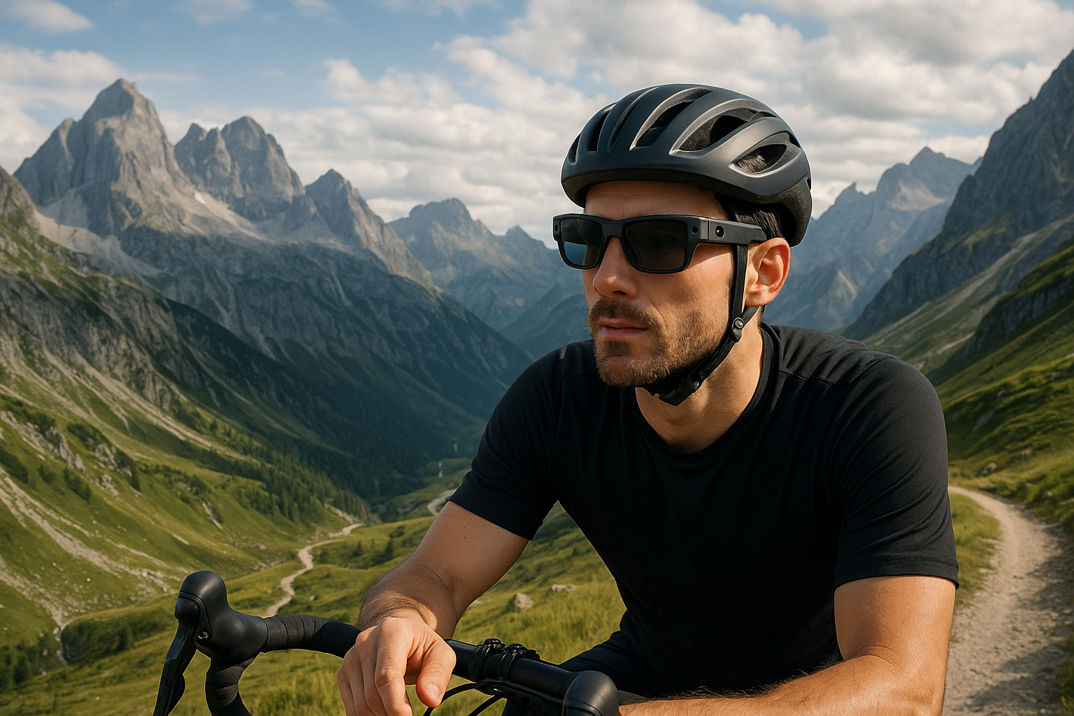 Je veux une photo d’un cycliste à la montagne ayant c’est lunette ia caméra, format paysage 